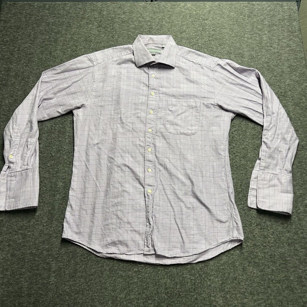 Hickey Freeman Button Long Sleeve Shirt 16.5-36 Purple Check Gingham French Cuff